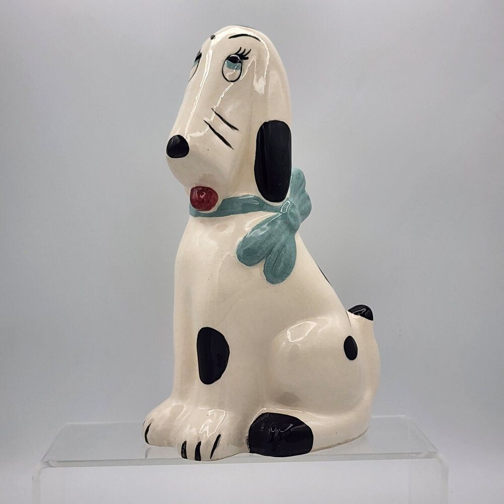 VTG 9" Ceramic Derpy Dalmation Hound Dog Loveable Handpainted Bow Figurine B/W